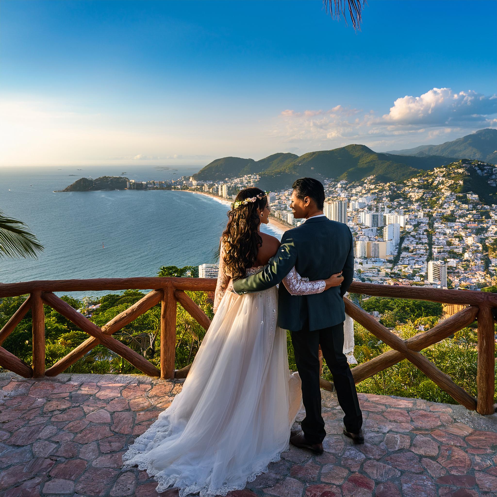 Bride and groom admiring the beautiful landscape of Acapulco, Mexico