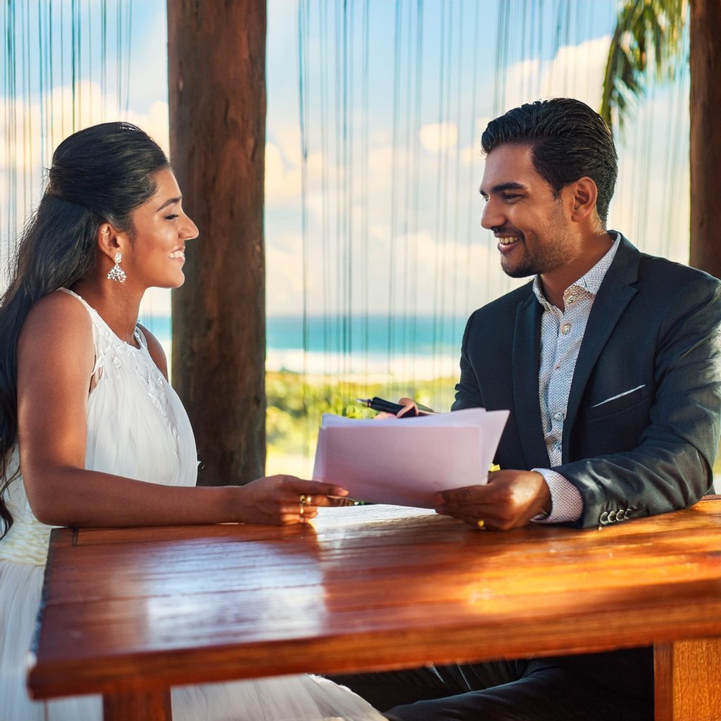Couple finalizing marriage with legal documents in Mexico