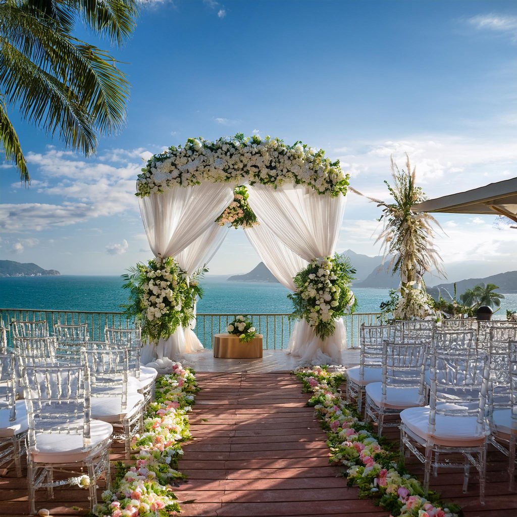 Lush floral decor at a wedding venue in Mexico